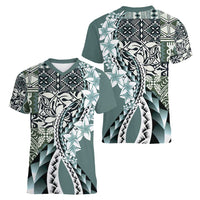 Aloha Vintage Plumeria Hawaiian Tapa Pattern Women V-Neck T-Shirt Dark Turquoise Hawaiian Tapa Pattern LT9 - Polynesian Pride