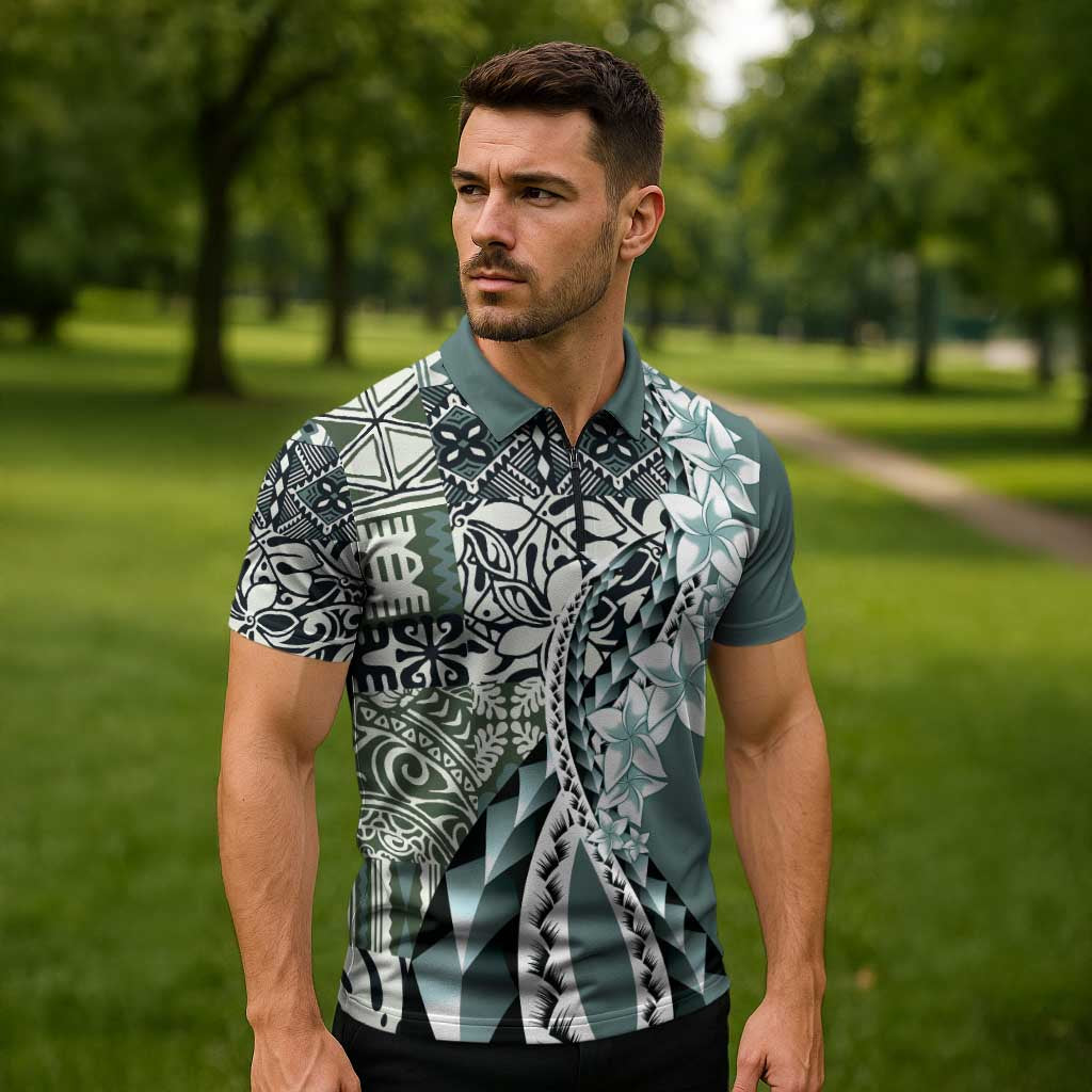 Aloha Vintage Plumeria Hawaiian Tapa Pattern Zipper Polo Shirt Dark Turquoise Hawaiian Tapa Pattern - Polynesian Pride