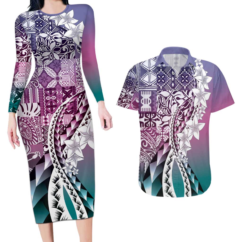Aloha Vintage Plumeria Hawaiian Tapa Pattern Couples Matching Long Sleeve Bodycon Dress and Hawaiian Shirt Gradient Hawaiian Tapa Pattern LT9 Gradient - Polynesian Pride