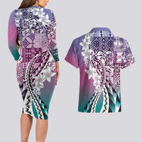 Aloha Vintage Plumeria Hawaiian Tapa Pattern Couples Matching Long Sleeve Bodycon Dress and Hawaiian Shirt Gradient Hawaiian Tapa Pattern LT9 - Polynesian Pride