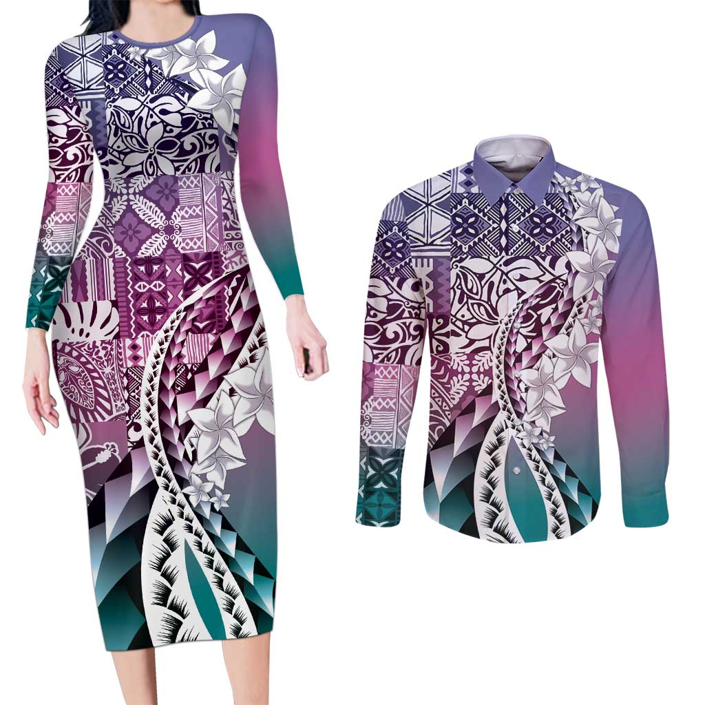 Aloha Vintage Plumeria Hawaiian Tapa Pattern Couples Matching Long Sleeve Bodycon Dress and Long Sleeve Button Shirt Gradient Hawaiian Tapa Pattern LT9 Gradient - Polynesian Pride