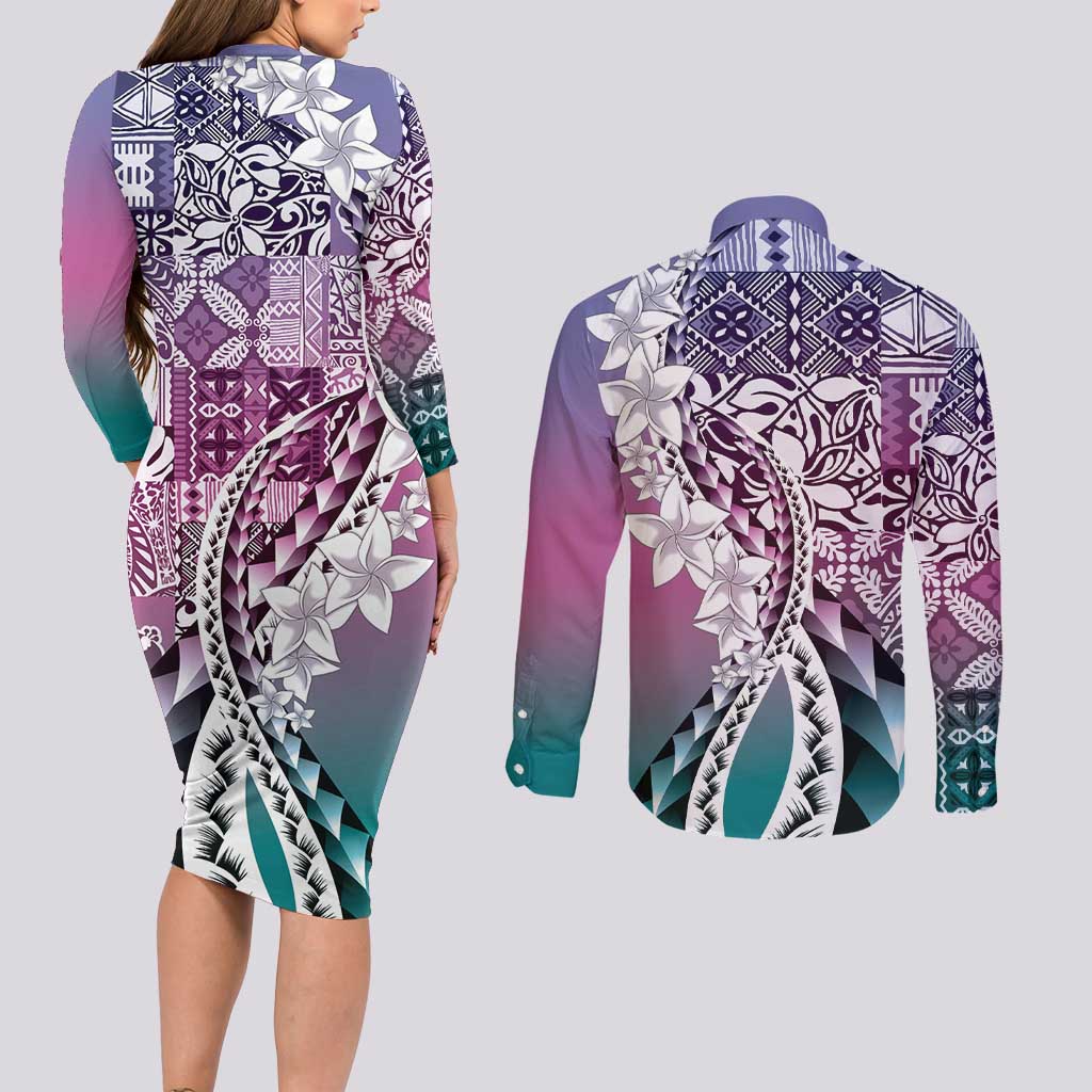 Aloha Vintage Plumeria Hawaiian Tapa Pattern Couples Matching Long Sleeve Bodycon Dress and Long Sleeve Button Shirt Gradient Hawaiian Tapa Pattern LT9 - Polynesian Pride
