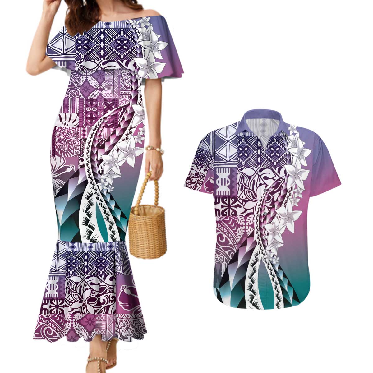 Aloha Vintage Plumeria Hawaiian Tapa Pattern Couples Matching Mermaid Dress and Hawaiian Shirt Gradient Hawaiian Tapa Pattern LT9 Gradient - Polynesian Pride