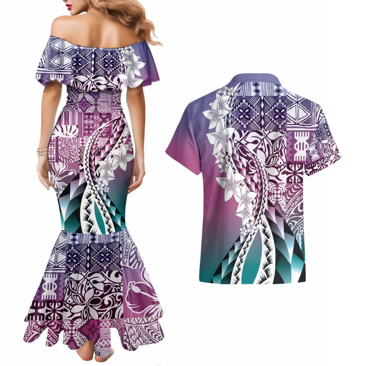 Aloha Vintage Plumeria Hawaiian Tapa Pattern Couples Matching Mermaid Dress and Hawaiian Shirt Gradient Hawaiian Tapa Pattern LT9 - Polynesian Pride