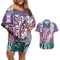 Aloha Vintage Plumeria Hawaiian Tapa Pattern Couples Matching Off Shoulder Short Dress and Hawaiian Shirt Gradient Hawaiian Tapa Pattern LT9 Gradient - Polynesian Pride