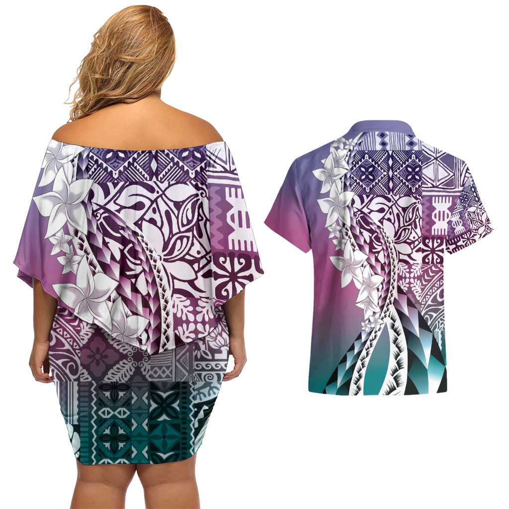Aloha Vintage Plumeria Hawaiian Tapa Pattern Couples Matching Off Shoulder Short Dress and Hawaiian Shirt Gradient Hawaiian Tapa Pattern LT9 - Polynesian Pride