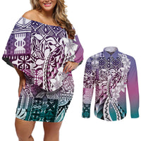 Aloha Vintage Plumeria Hawaiian Tapa Pattern Couples Matching Off Shoulder Short Dress and Long Sleeve Button Shirt Gradient Hawaiian Tapa Pattern - Polynesian Pride