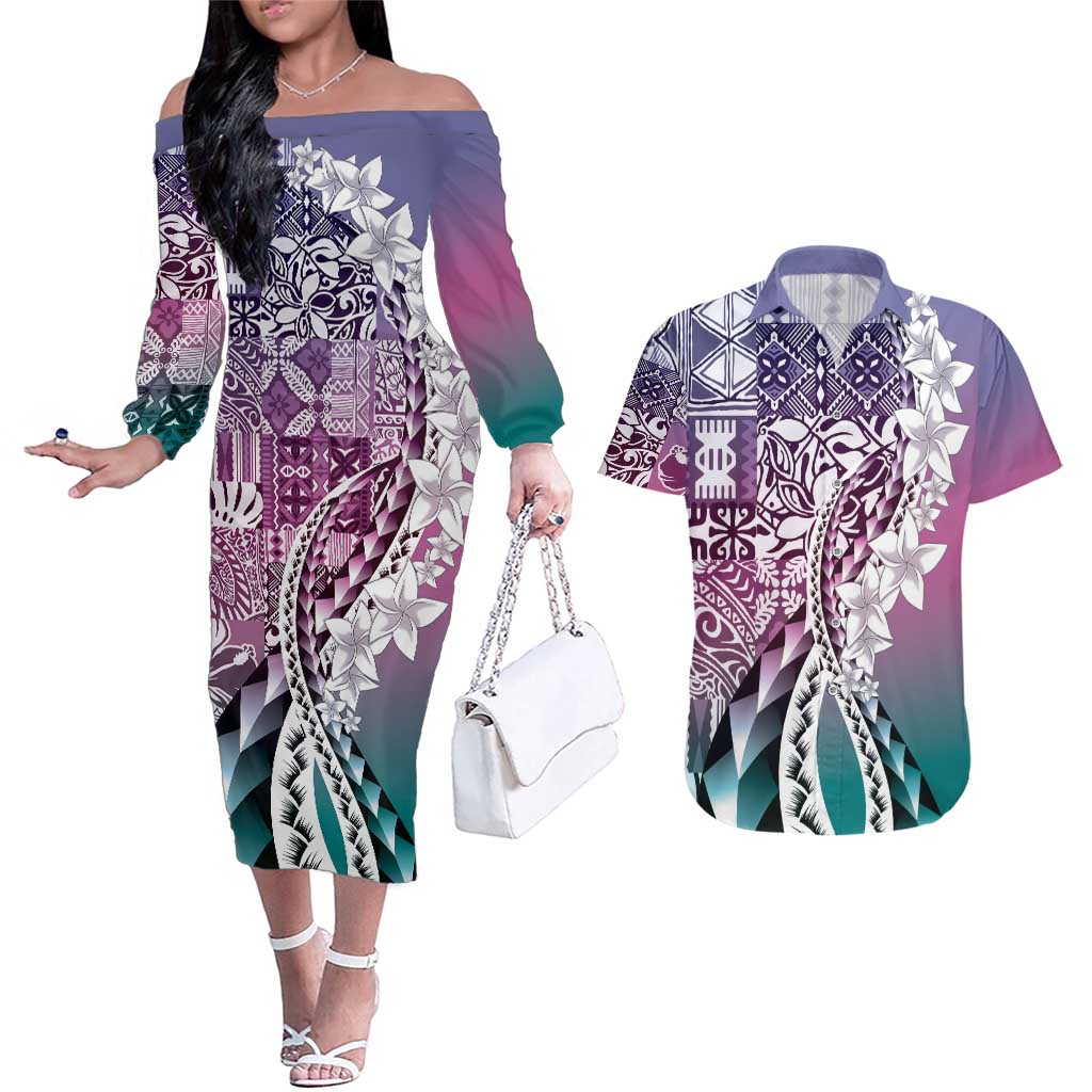 Aloha Vintage Plumeria Hawaiian Tapa Pattern Couples Matching Off The Shoulder Long Sleeve Dress and Hawaiian Shirt Gradient Hawaiian Tapa Pattern LT9 Gradient - Polynesian Pride