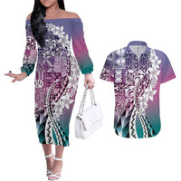 Aloha Vintage Plumeria Hawaiian Tapa Pattern Couples Matching Off The Shoulder Long Sleeve Dress and Hawaiian Shirt Gradient Hawaiian Tapa Pattern LT9 Gradient - Polynesian Pride