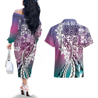 Aloha Vintage Plumeria Hawaiian Tapa Pattern Couples Matching Off The Shoulder Long Sleeve Dress and Hawaiian Shirt Gradient Hawaiian Tapa Pattern LT9 - Polynesian Pride