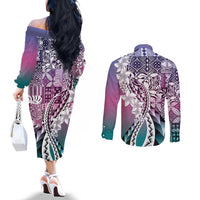 Aloha Vintage Plumeria Hawaiian Tapa Pattern Couples Matching Off The Shoulder Long Sleeve Dress and Long Sleeve Button Shirt Gradient Hawaiian Tapa Pattern LT9 - Polynesian Pride