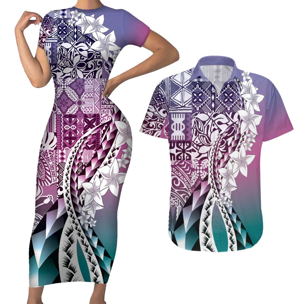 Aloha Vintage Plumeria Hawaiian Tapa Pattern Couples Matching Short Sleeve Bodycon Dress and Hawaiian Shirt Gradient Hawaiian Tapa Pattern LT9 Gradient - Polynesian Pride