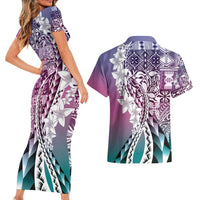 Aloha Vintage Plumeria Hawaiian Tapa Pattern Couples Matching Short Sleeve Bodycon Dress and Hawaiian Shirt Gradient Hawaiian Tapa Pattern LT9 - Polynesian Pride