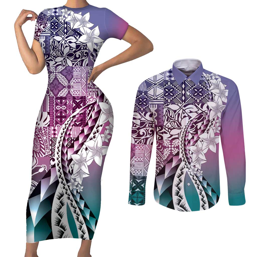 Aloha Vintage Plumeria Hawaiian Tapa Pattern Couples Matching Short Sleeve Bodycon Dress and Long Sleeve Button Shirt Gradient Hawaiian Tapa Pattern LT9 Gradient - Polynesian Pride