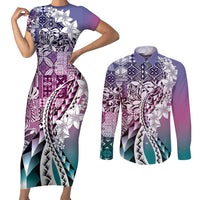 Aloha Vintage Plumeria Hawaiian Tapa Pattern Couples Matching Short Sleeve Bodycon Dress and Long Sleeve Button Shirt Gradient Hawaiian Tapa Pattern LT9 Gradient - Polynesian Pride