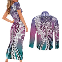 Aloha Vintage Plumeria Hawaiian Tapa Pattern Couples Matching Short Sleeve Bodycon Dress and Long Sleeve Button Shirt Gradient Hawaiian Tapa Pattern LT9 - Polynesian Pride