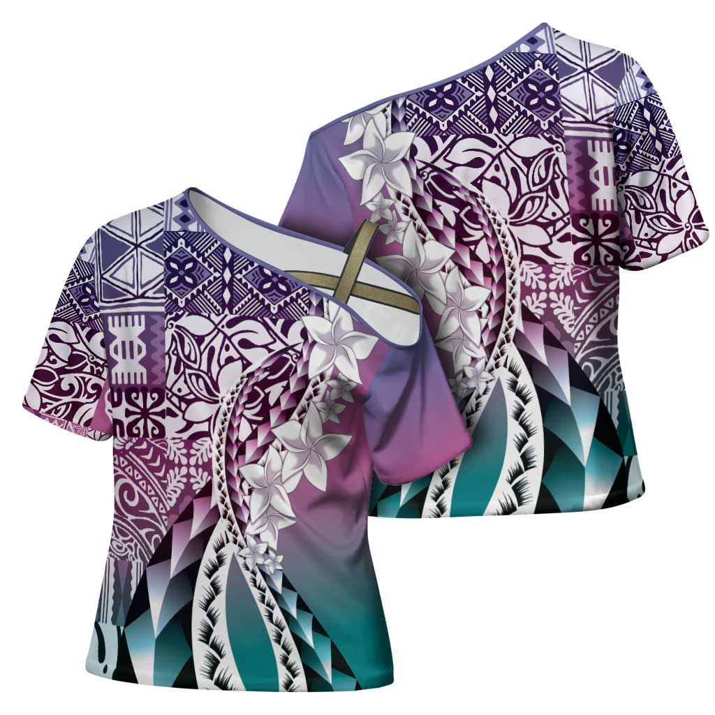 Aloha Vintage Plumeria Hawaiian Tapa Pattern Cross Shoulder Shirt Gradient Hawaiian Tapa Pattern LT9 - Polynesian Pride