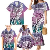 Aloha Vintage Plumeria Hawaiian Tapa Pattern Family Matching Mermaid Dress and Hawaiian Shirt Gradient Hawaiian Tapa Pattern LT9 - Polynesian Pride