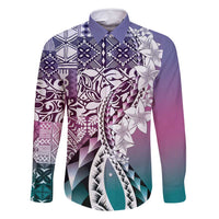 Aloha Vintage Plumeria Hawaiian Tapa Pattern Family Matching Mermaid Dress and Hawaiian Shirt Gradient Hawaiian Tapa Pattern LT9 Dad's Shirt - Long Sleeve Gradient - Polynesian Pride