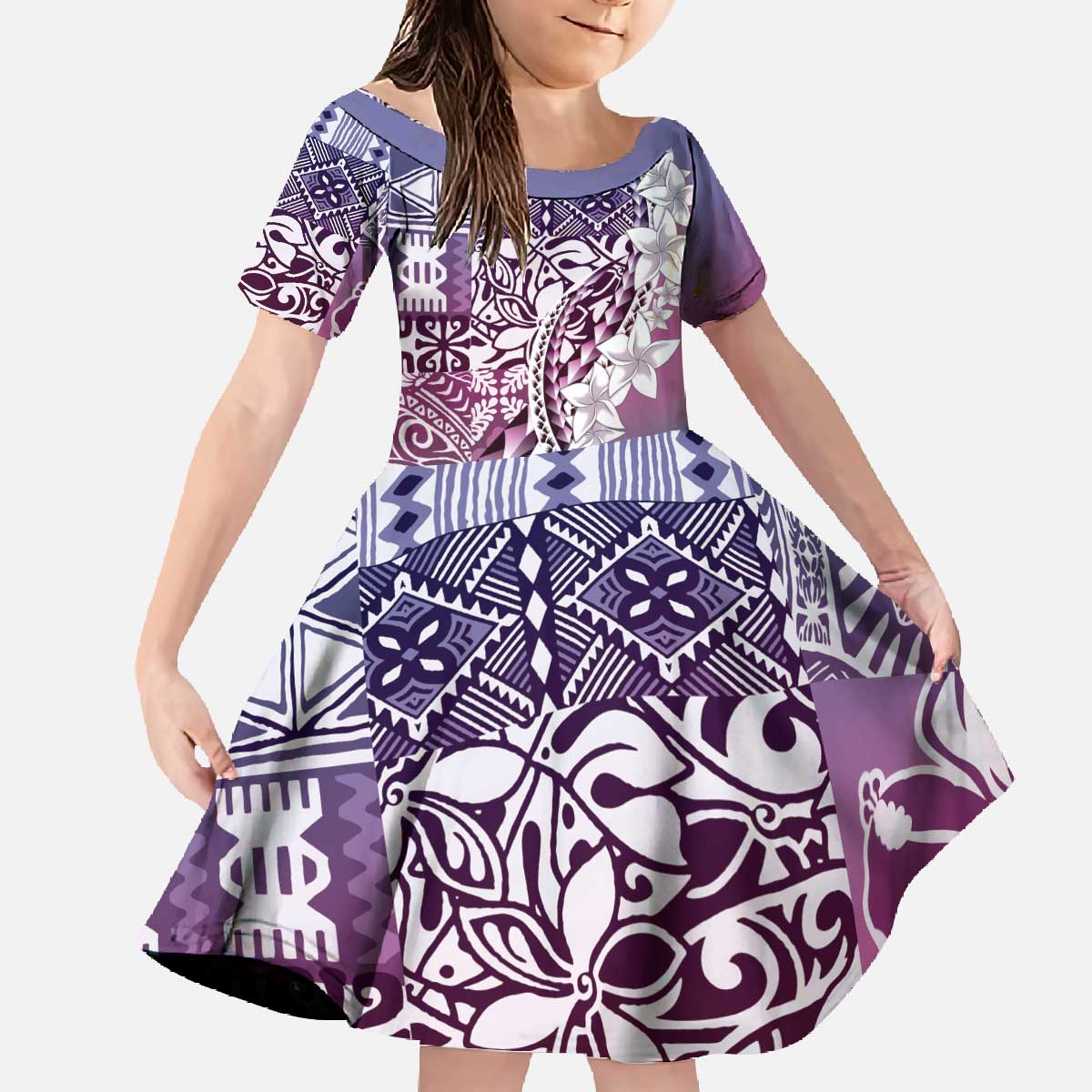 Aloha Vintage Plumeria Hawaiian Tapa Pattern Family Matching Off The Shoulder Long Sleeve Dress and Hawaiian Shirt Gradient Hawaiian Tapa Pattern LT9 Daughter's Dress Gradient - Polynesian Pride