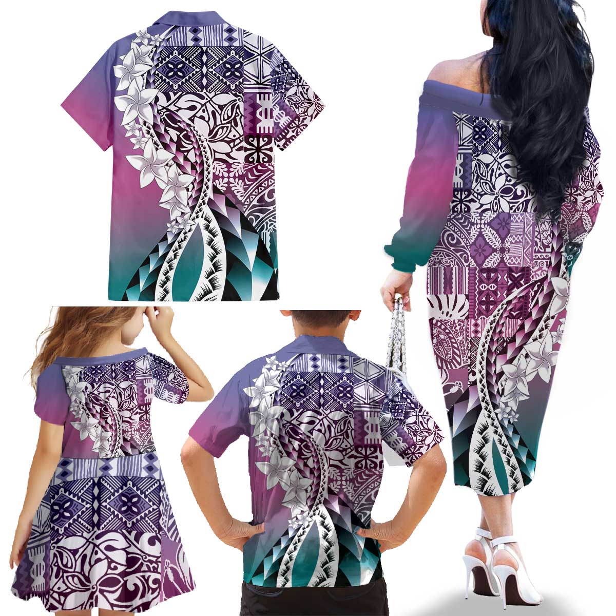 Aloha Vintage Plumeria Hawaiian Tapa Pattern Family Matching Off The Shoulder Long Sleeve Dress and Hawaiian Shirt Gradient Hawaiian Tapa Pattern LT9 - Polynesian Pride