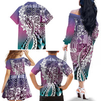 Aloha Vintage Plumeria Hawaiian Tapa Pattern Family Matching Off The Shoulder Long Sleeve Dress and Hawaiian Shirt Gradient Hawaiian Tapa Pattern LT9 - Polynesian Pride