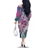 Aloha Vintage Plumeria Hawaiian Tapa Pattern Family Matching Off The Shoulder Long Sleeve Dress and Hawaiian Shirt Gradient Hawaiian Tapa Pattern LT9 - Polynesian Pride