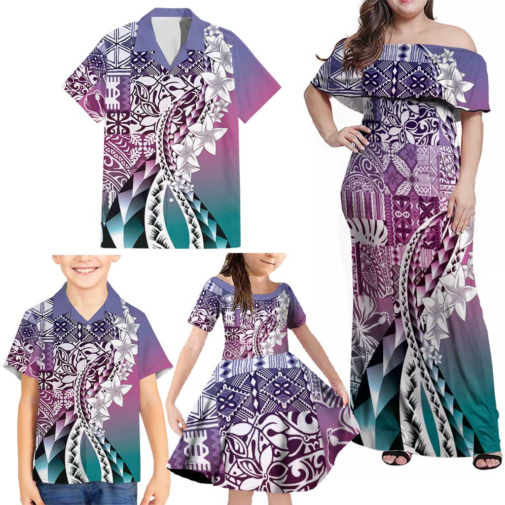 Aloha Vintage Plumeria Hawaiian Tapa Pattern Family Matching Off Shoulder Maxi Dress and Hawaiian Shirt Gradient Hawaiian Tapa Pattern LT9 - Polynesian Pride