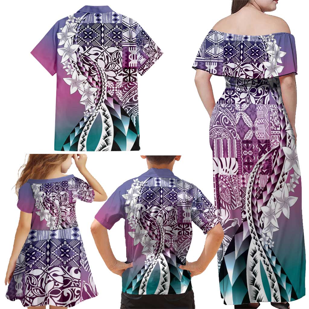 Aloha Vintage Plumeria Hawaiian Tapa Pattern Family Matching Off Shoulder Maxi Dress and Hawaiian Shirt Gradient Hawaiian Tapa Pattern LT9 - Polynesian Pride