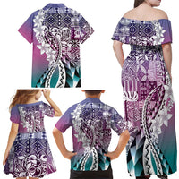Aloha Vintage Plumeria Hawaiian Tapa Pattern Family Matching Off Shoulder Maxi Dress and Hawaiian Shirt Gradient Hawaiian Tapa Pattern LT9 - Polynesian Pride