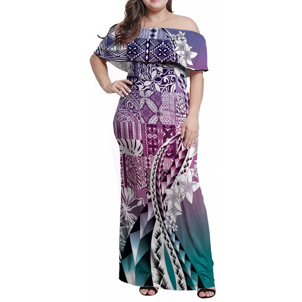 Aloha Vintage Plumeria Hawaiian Tapa Pattern Family Matching Off Shoulder Maxi Dress and Hawaiian Shirt Gradient Hawaiian Tapa Pattern LT9 Mom's Dress Gradient - Polynesian Pride