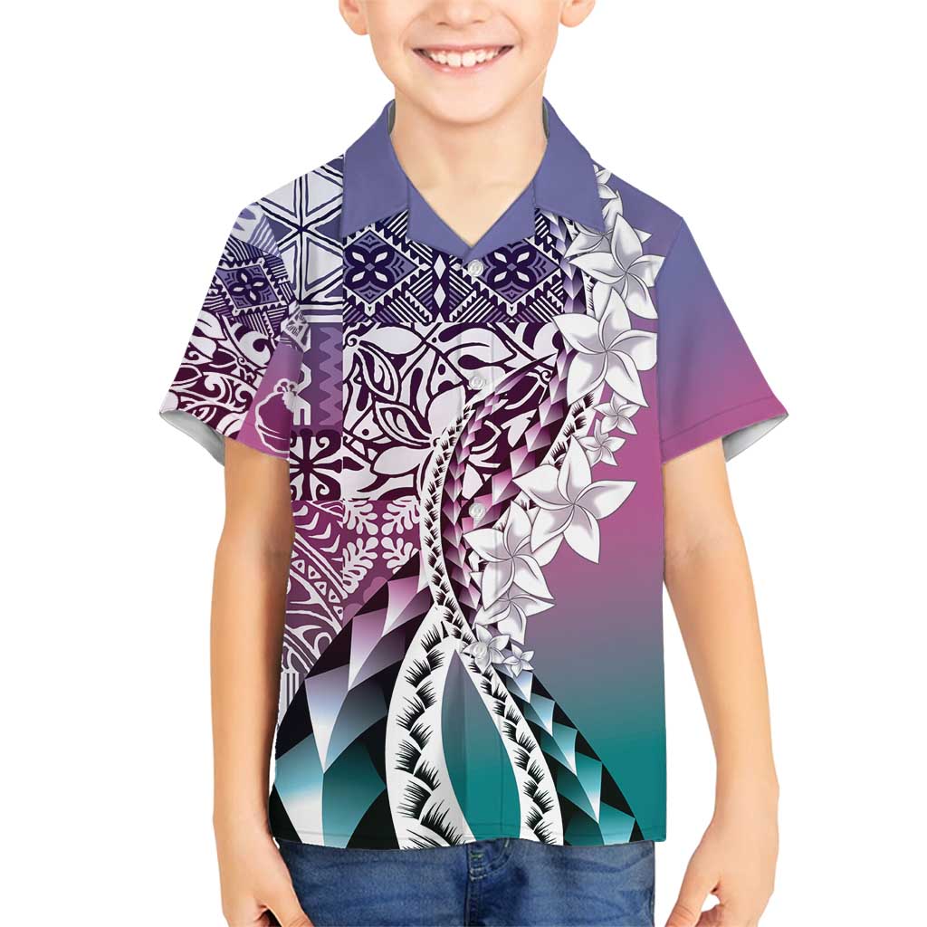 Aloha Vintage Plumeria Hawaiian Tapa Pattern Family Matching Off Shoulder Maxi Dress and Hawaiian Shirt Gradient Hawaiian Tapa Pattern LT9 Son's Shirt Gradient - Polynesian Pride