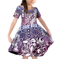 Aloha Vintage Plumeria Hawaiian Tapa Pattern Family Matching Off Shoulder Short Dress and Hawaiian Shirt Gradient Hawaiian Tapa Pattern LT9 Daughter's Dress Gradient - Polynesian Pride