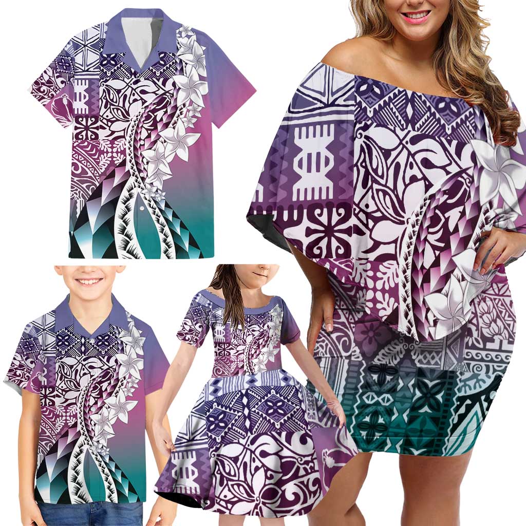 Aloha Vintage Plumeria Hawaiian Tapa Pattern Family Matching Off Shoulder Short Dress and Hawaiian Shirt Gradient Hawaiian Tapa Pattern LT9 - Polynesian Pride
