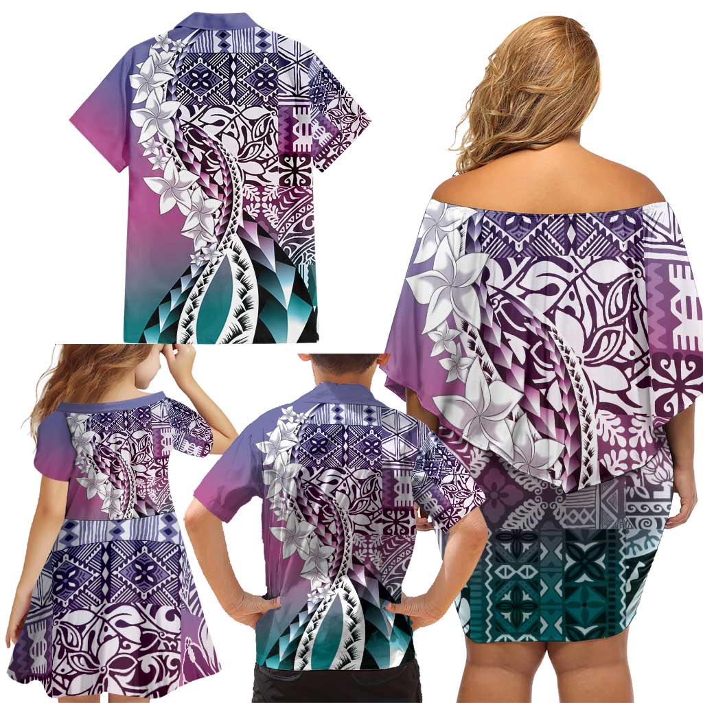 Aloha Vintage Plumeria Hawaiian Tapa Pattern Family Matching Off Shoulder Short Dress and Hawaiian Shirt Gradient Hawaiian Tapa Pattern LT9 - Polynesian Pride
