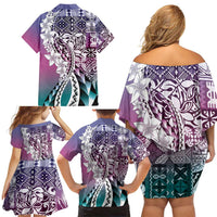 Aloha Vintage Plumeria Hawaiian Tapa Pattern Family Matching Off Shoulder Short Dress and Hawaiian Shirt Gradient Hawaiian Tapa Pattern LT9 - Polynesian Pride