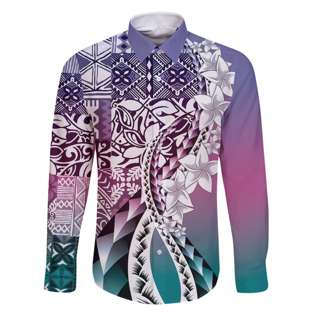 Aloha Vintage Plumeria Hawaiian Tapa Pattern Family Matching Off Shoulder Short Dress and Hawaiian Shirt Gradient Hawaiian Tapa Pattern LT9 Dad's Shirt - Long Sleeve Gradient - Polynesian Pride