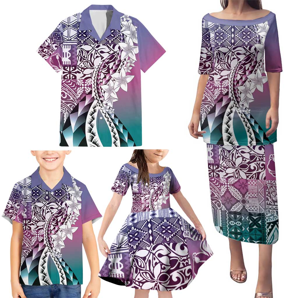 Aloha Vintage Plumeria Hawaiian Tapa Pattern Family Matching Puletasi and Hawaiian Shirt Gradient Hawaiian Tapa Pattern LT9 - Polynesian Pride