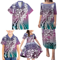 Aloha Vintage Plumeria Hawaiian Tapa Pattern Family Matching Puletasi and Hawaiian Shirt Gradient Hawaiian Tapa Pattern LT9 - Polynesian Pride