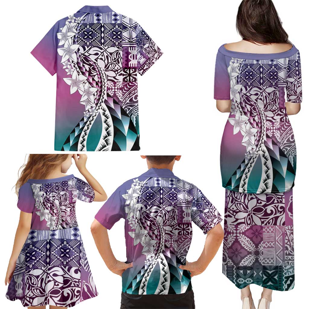 Aloha Vintage Plumeria Hawaiian Tapa Pattern Family Matching Puletasi and Hawaiian Shirt Gradient Hawaiian Tapa Pattern LT9 - Polynesian Pride