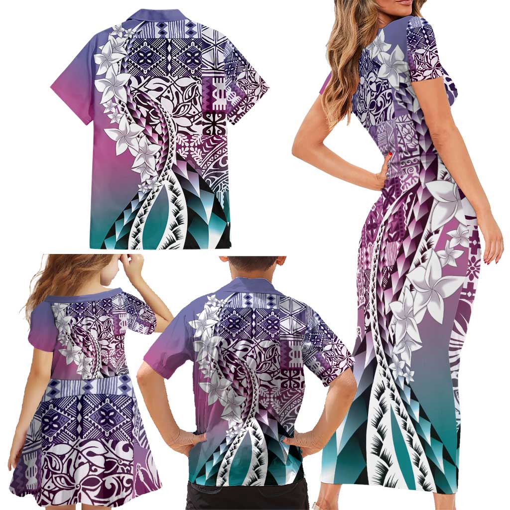 Aloha Vintage Plumeria Hawaiian Tapa Pattern Family Matching Short Sleeve Bodycon Dress and Hawaiian Shirt Gradient Hawaiian Tapa Pattern LT9 - Polynesian Pride