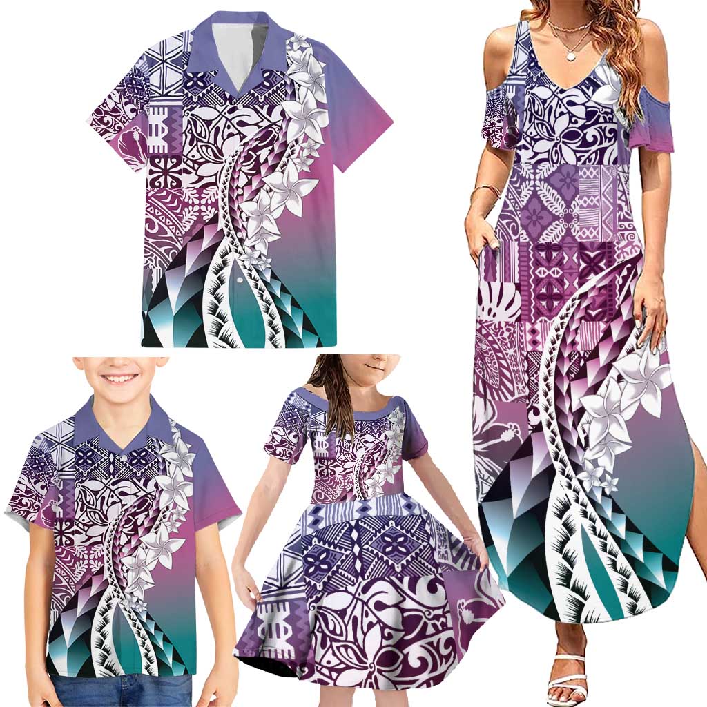 Aloha Vintage Plumeria Hawaiian Tapa Pattern Family Matching Summer Maxi Dress and Hawaiian Shirt Gradient Hawaiian Tapa Pattern LT9 - Polynesian Pride