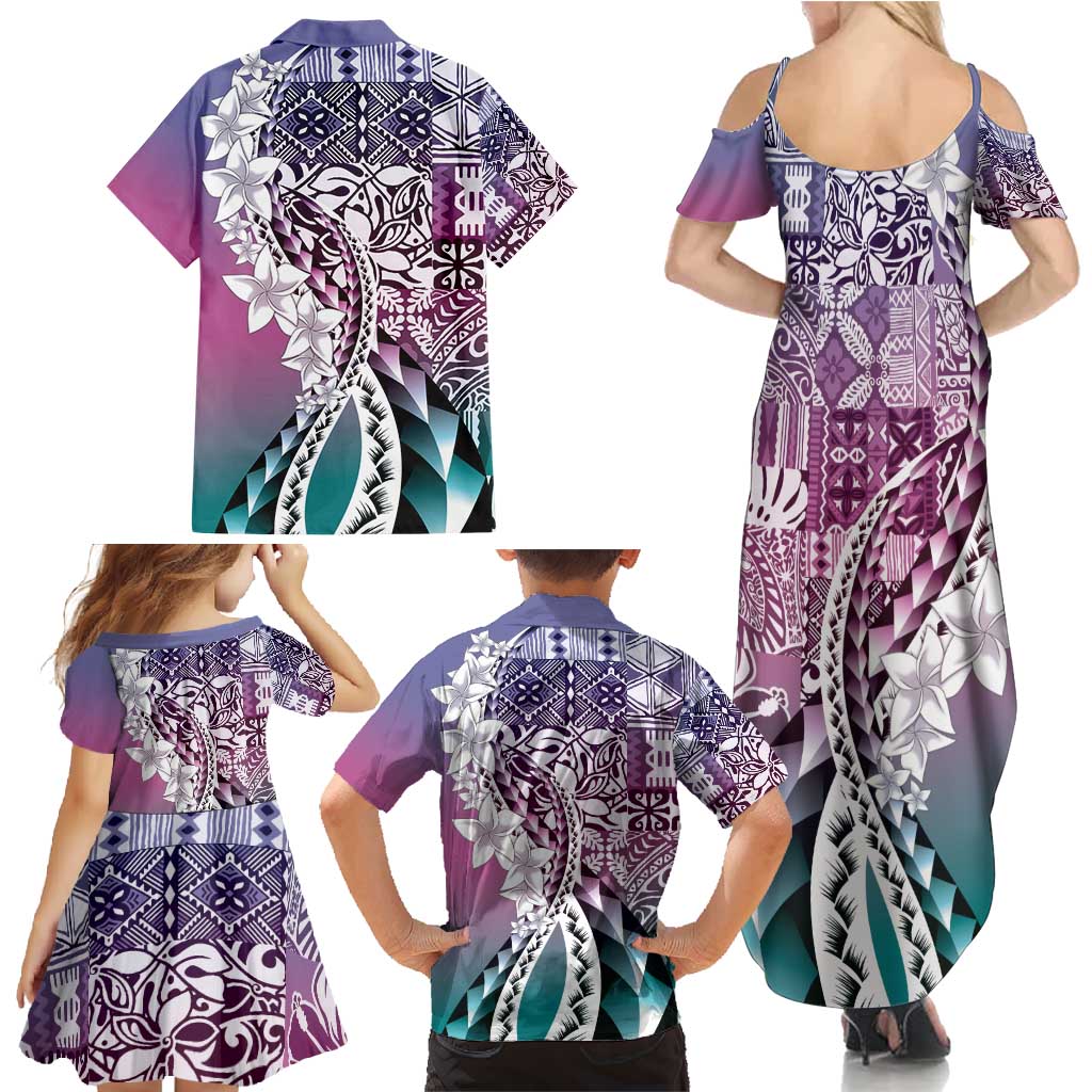Aloha Vintage Plumeria Hawaiian Tapa Pattern Family Matching Summer Maxi Dress and Hawaiian Shirt Gradient Hawaiian Tapa Pattern LT9 - Polynesian Pride