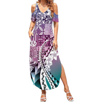 Aloha Vintage Plumeria Hawaiian Tapa Pattern Family Matching Summer Maxi Dress and Hawaiian Shirt Gradient Hawaiian Tapa Pattern LT9 Mom's Dress Gradient - Polynesian Pride