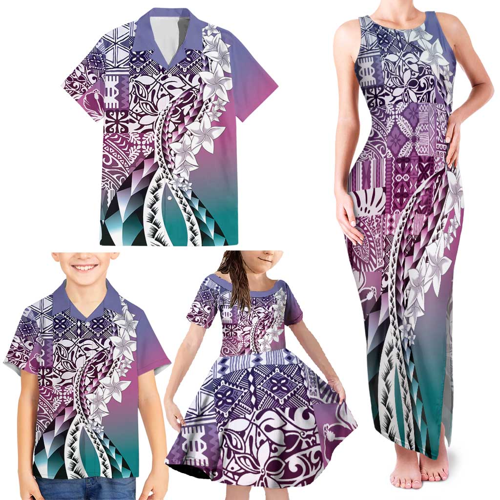Aloha Vintage Plumeria Hawaiian Tapa Pattern Family Matching Tank Maxi Dress and Hawaiian Shirt Gradient Hawaiian Tapa Pattern LT9 - Polynesian Pride