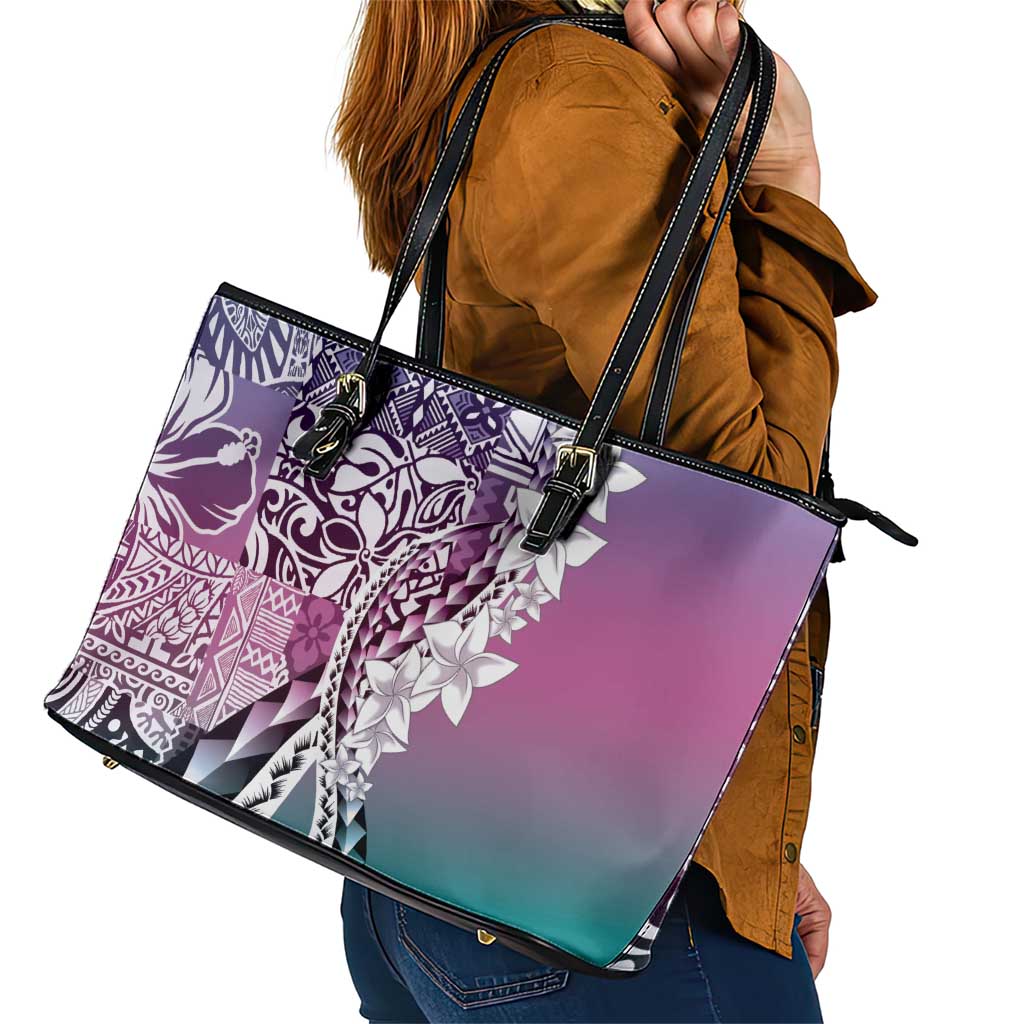 Aloha Vintage Plumeria Hawaiian Tapa Pattern Leather Tote Bag Gradient Hawaiian Tapa Pattern - Polynesian Pride