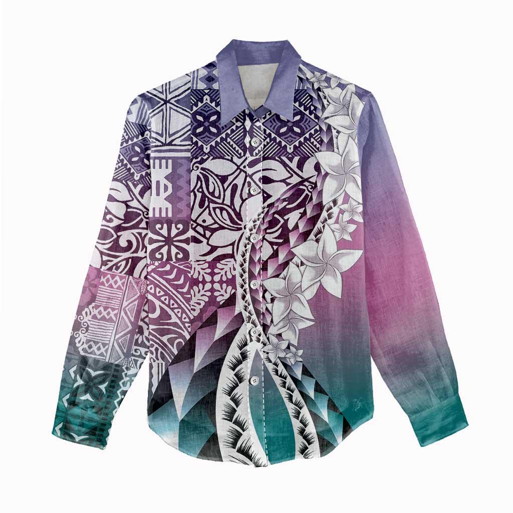 Aloha Vintage Plumeria Hawaiian Tapa Pattern Women Casual Shirt Gradient Hawaiian Tapa Pattern - Polynesian Pride