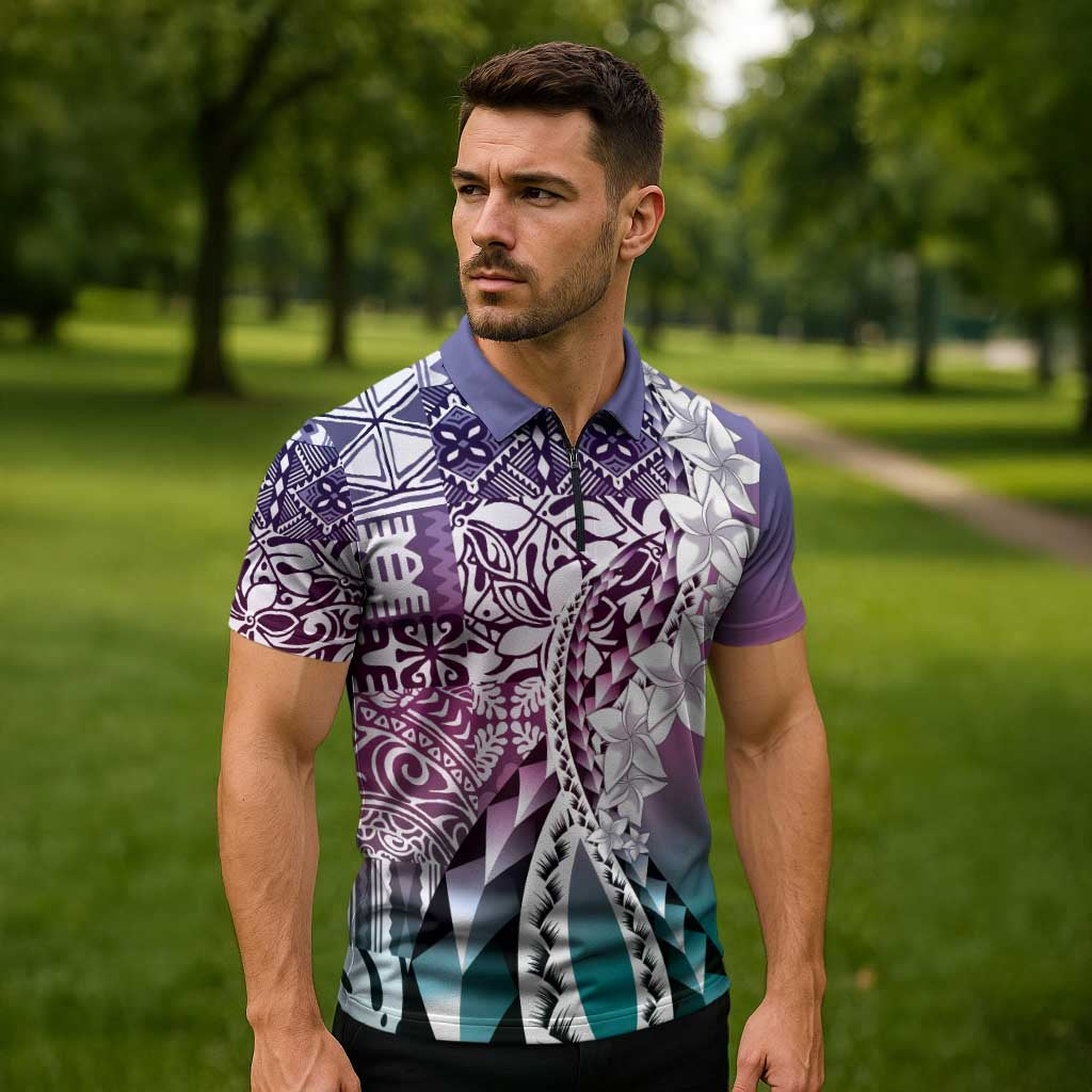 Aloha Vintage Plumeria Hawaiian Tapa Pattern Zipper Polo Shirt Gradient Hawaiian Tapa Pattern - Polynesian Pride
