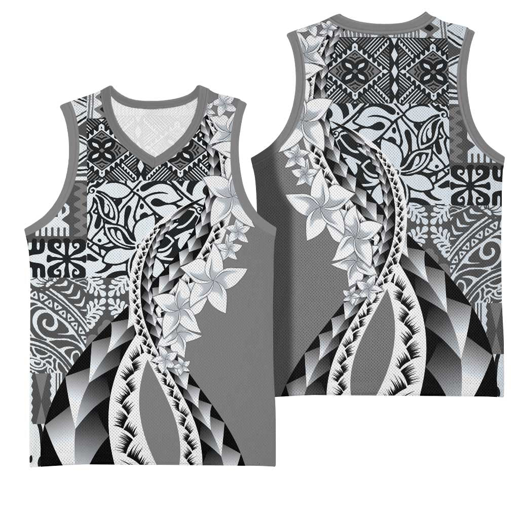 Aloha Vintage Plumeria Hawaiian Tapa Pattern Basketball Jersey Gray Hawaiian Tapa Pattern - Polynesian Pride