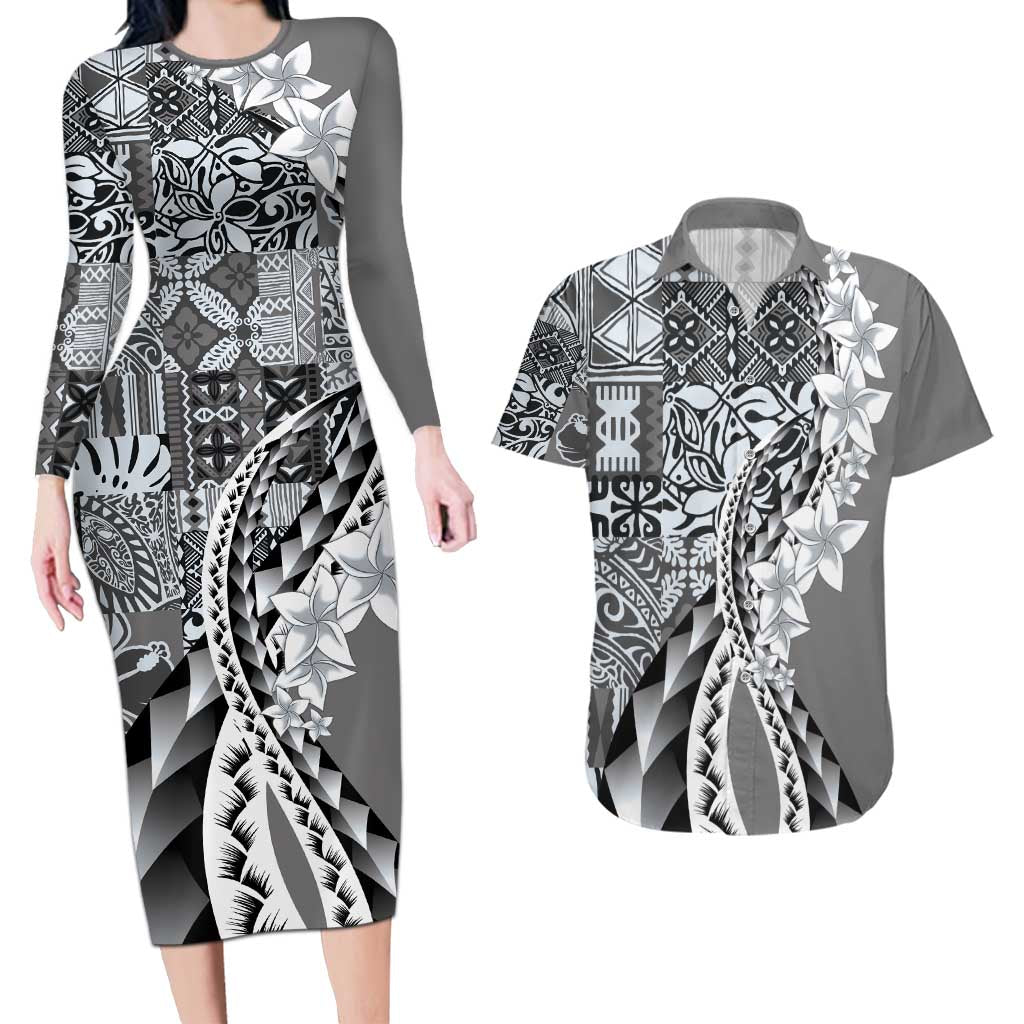 Aloha Vintage Plumeria Hawaiian Tapa Pattern Couples Matching Long Sleeve Bodycon Dress and Hawaiian Shirt Gray Hawaiian Tapa Pattern LT9 Gray - Polynesian Pride